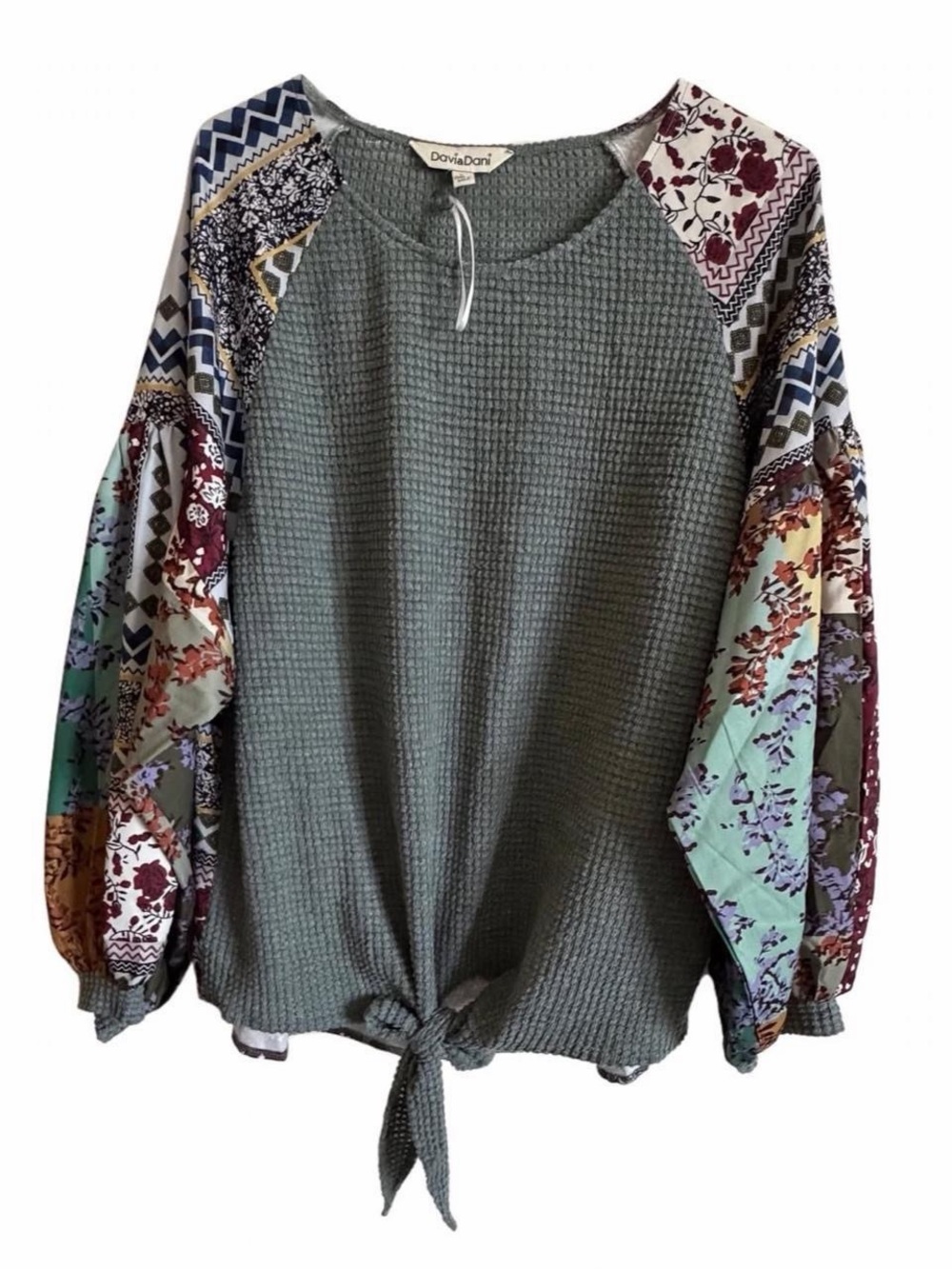 Davi & Dani Boho Patchwork Tie-Front Top Size L NWOT Sage Green Waffle Knit